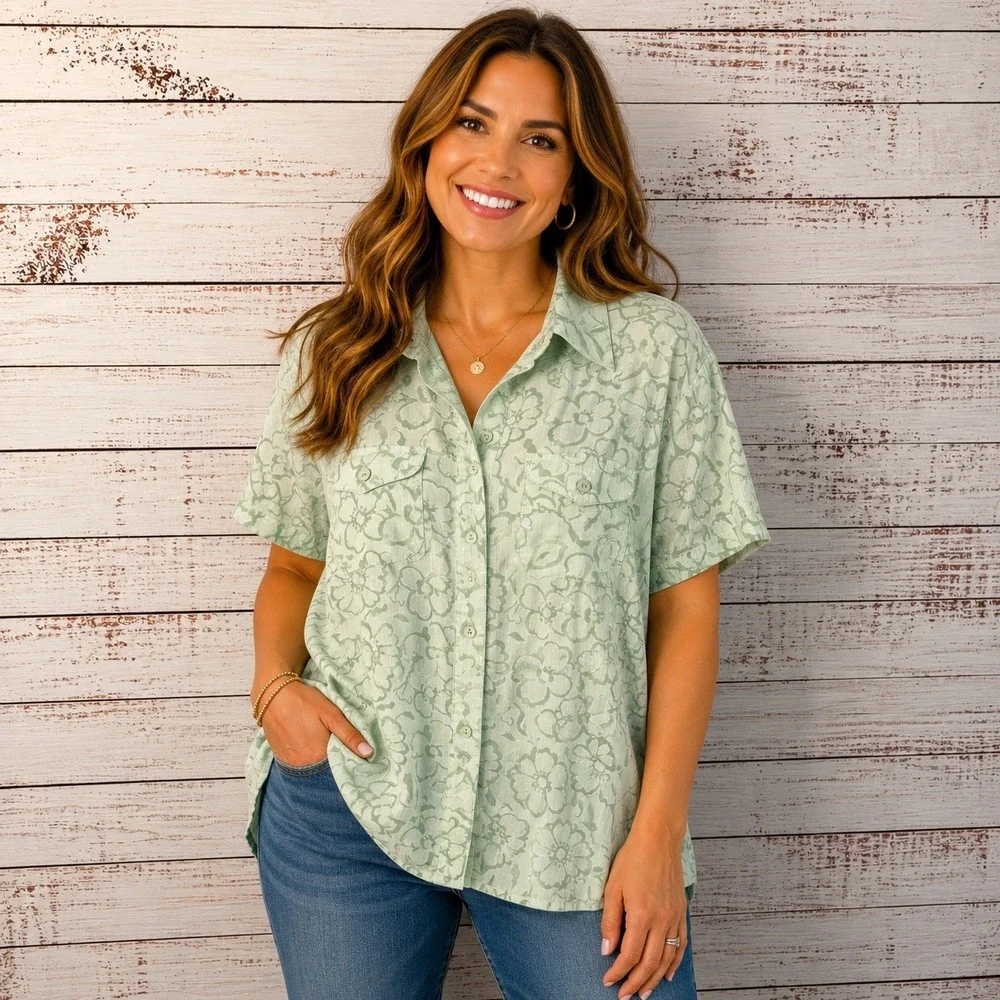 Alfred Dunner Button Up Shirt Womens 16 Green Floral Burnout Metallic Pinstripe